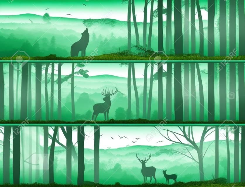 Horizontal abstract banners of wild animals (deer, wolf) in hills of forest with trunks of trees in green tone.