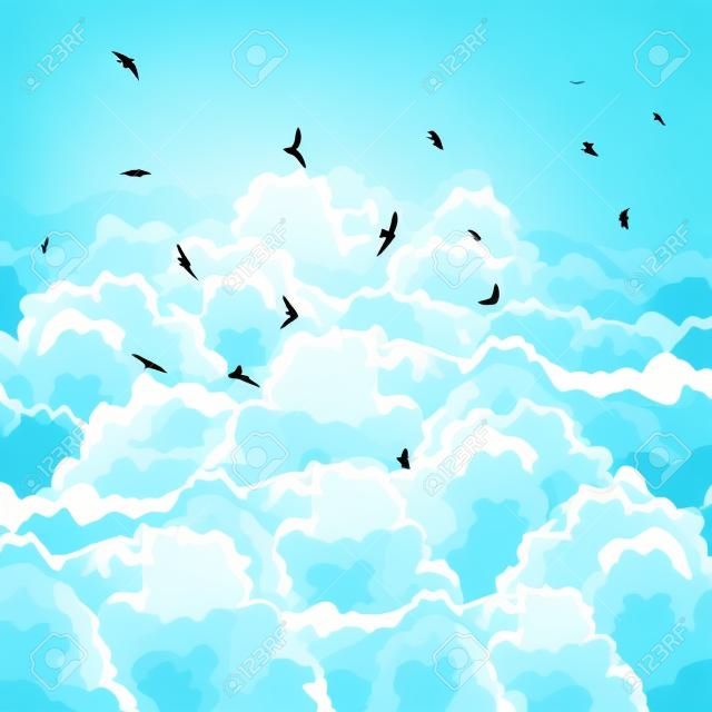 大きな雲と青空の背景ベクトル図は正方形群れ鳥。