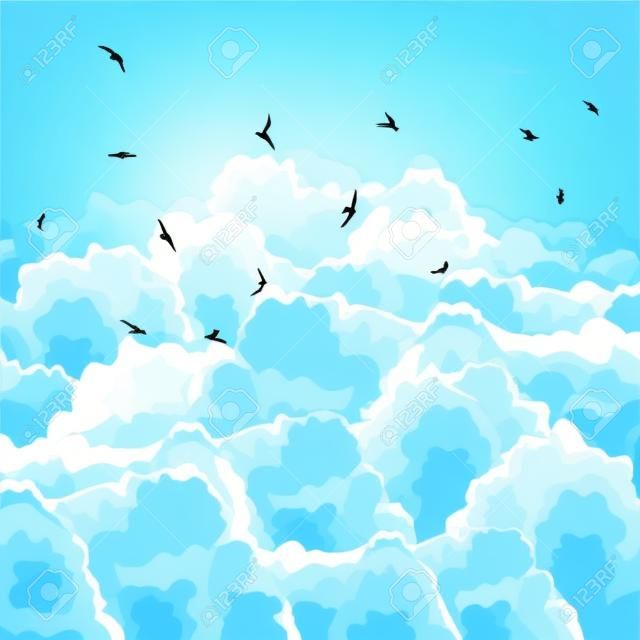 大きな雲と青空の背景ベクトル図は正方形群れ鳥。