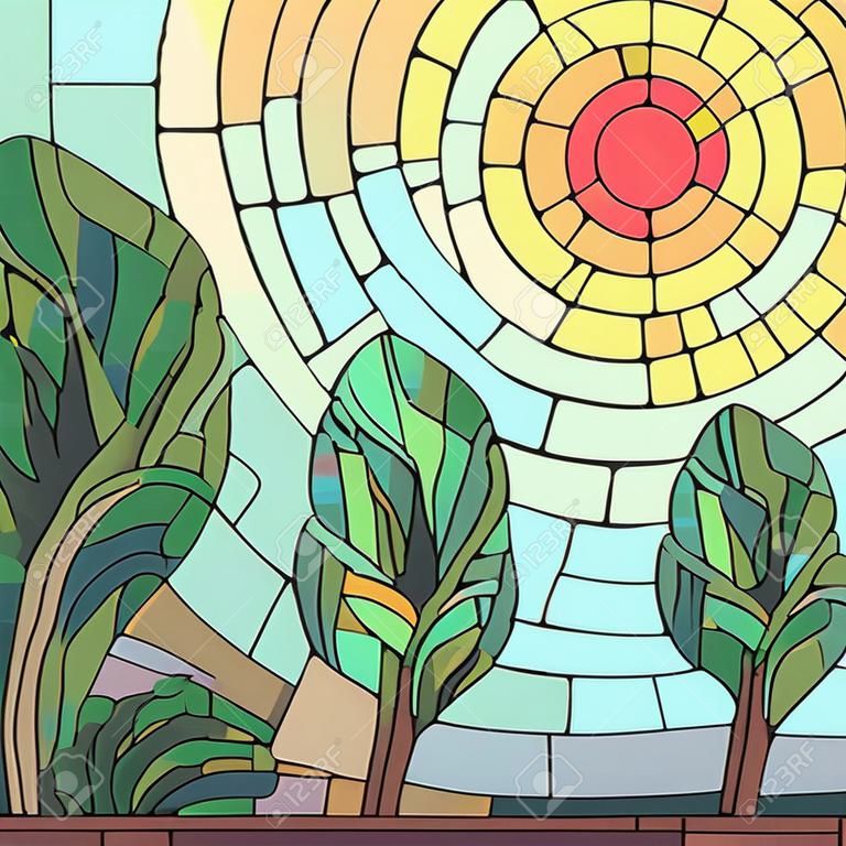 正方形のモザイクの図背景: 木と真っ赤な太陽を抽象化します。