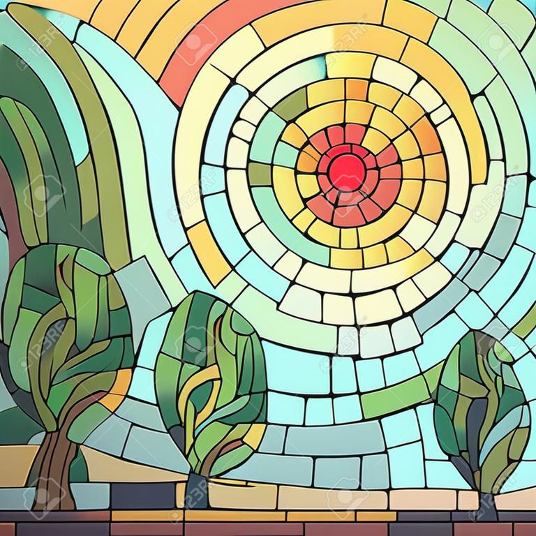 Quadrat Mosaik Illustration Hintergrund: abstrakte rote Sonne mit Bäumen.