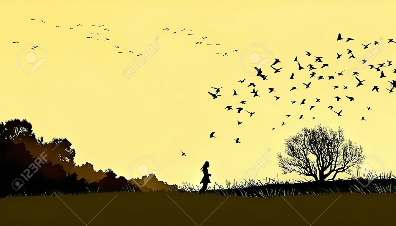 随着孤独的女孩在田间迎风的剪影插图景观水平