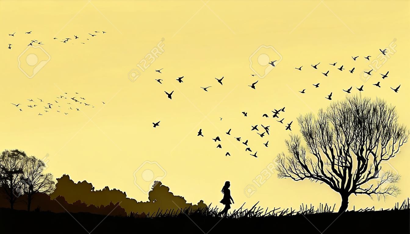 Horizontal illustration paysage avec la silhouette de jeune fille solitaire dans le champ balayé par le vent.