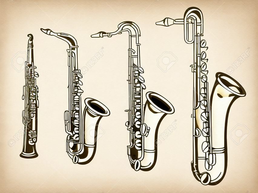 Set of simple images different types of saxophones (soprano, alto, tenor, baritone) drawn by lines.