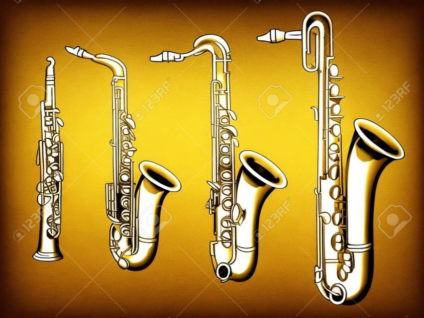 Ensemble d'images simples différents types de saxophones (soprano, alto, ténor, baryton) dessinés par des lignes.