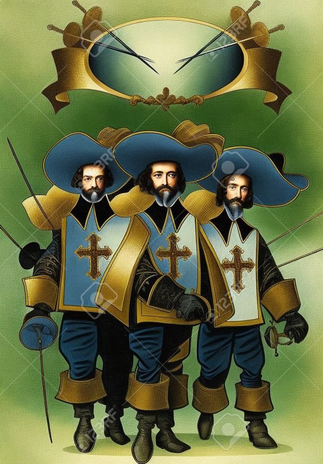 Ilustracja przedstawia trzy mÄ™Å¼czyzn, muszkieterÃ³w.