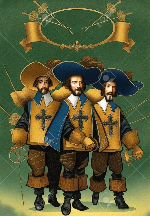 Ilustracja przedstawia trzy mÄ™Å¼czyzn, muszkieterÃ³w.