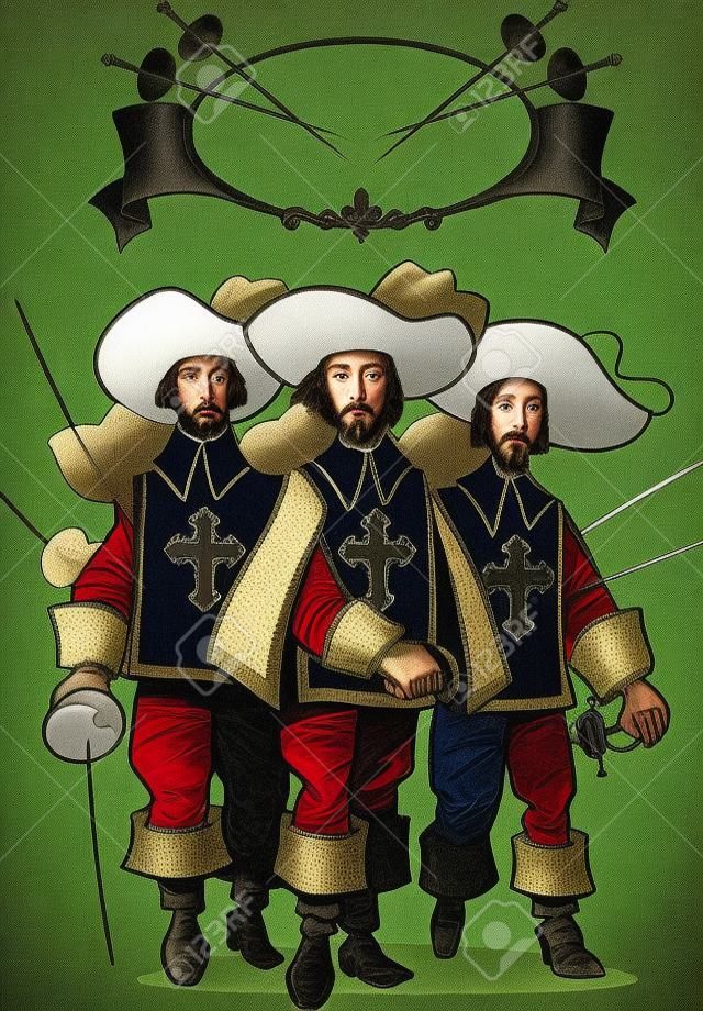 На рисунке представлены три мужчины, мушкетеры.