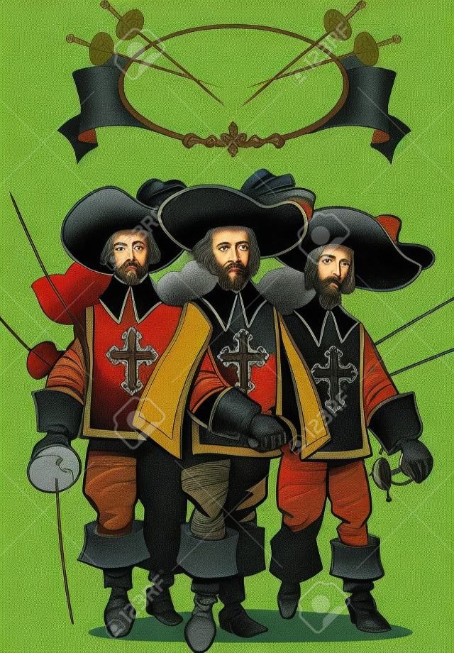 La ilustración presenta a los tres hombres, los mosqueteros.