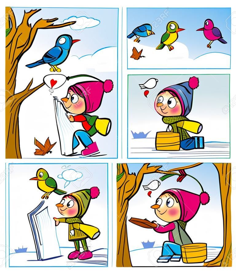 The illustration shows a girl who draws a bird  She hung a bird feeder for the bird  Illustration made in the form of comics, cartoon style, on separate layers 