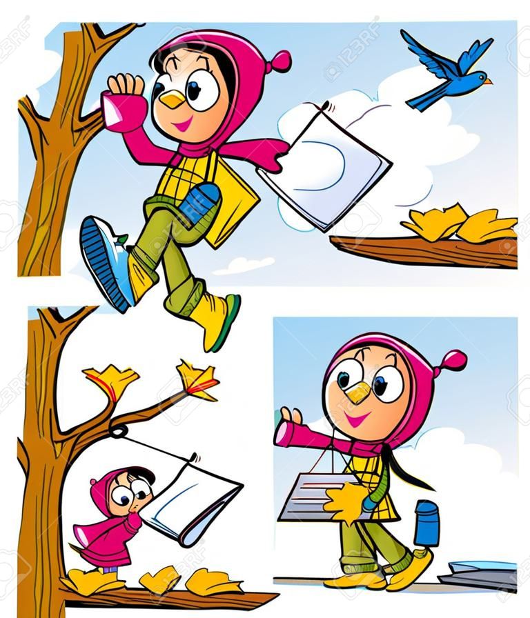 Die Abbildung zeigt ein Mädchen, das einen Vogel zieht sie ein Vogelhaus für den Vogel Illustration in Form von Comics, Cartoon-Stil machte hing, auf separaten Ebenen