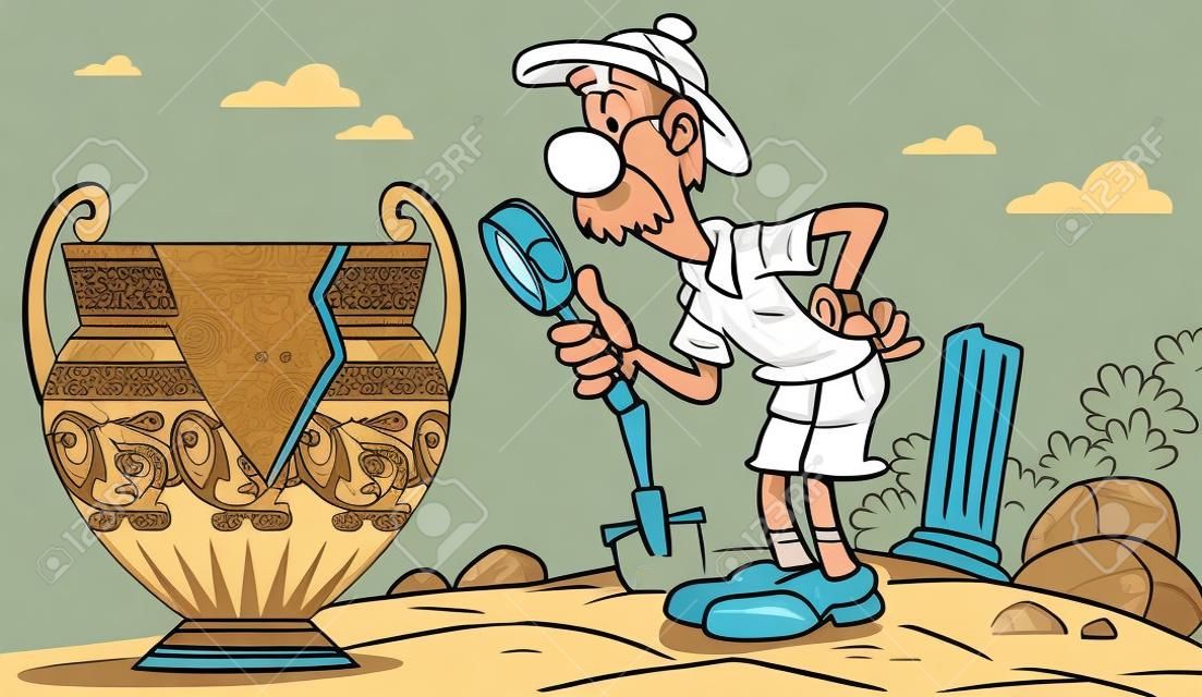 En la ilustración, un arqueólogo ancianos examina un jarrón de cristal de aumento antigua. Ilustración hecha en estilo de dibujos animados.