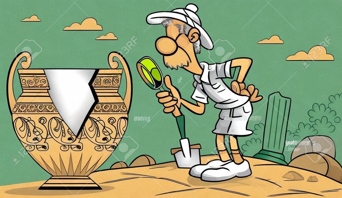 Nell'illustrazione, un archeologo anziano esamina un vaso antico lente di ingrandimento. Illustrazione fatto in stile cartone animato.