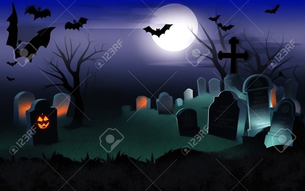 La ilustración muestra la vista del cementerio por la noche en un fondo simbólico estilo de dibujos animados presentado a la fiesta de Halloween en capas separadas, el formato EPS 10