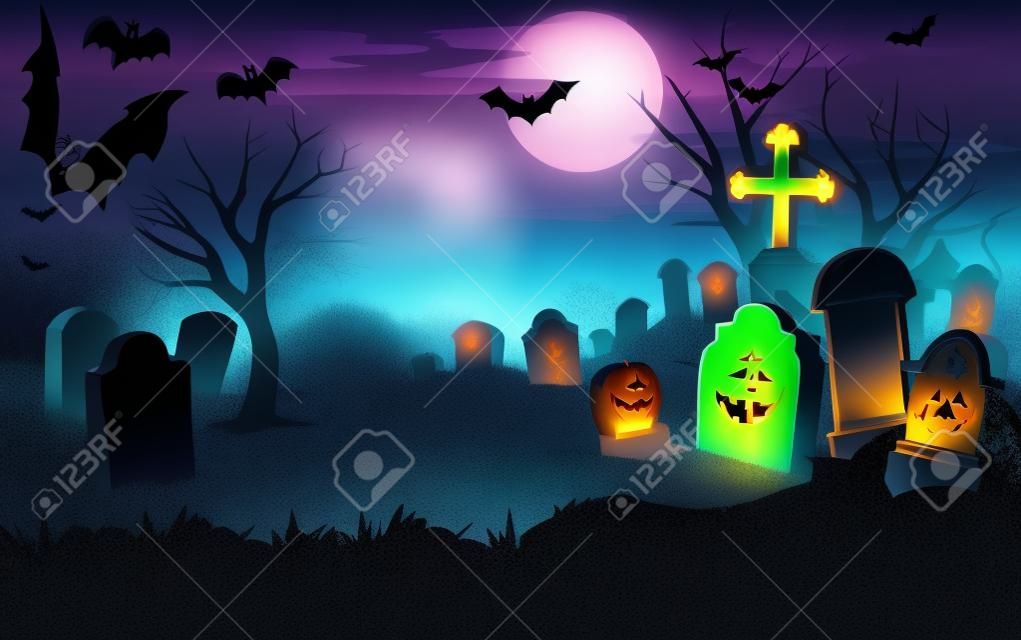 La ilustración muestra la vista del cementerio por la noche en un fondo simbólico estilo de dibujos animados presentado a la fiesta de Halloween en capas separadas, el formato EPS 10