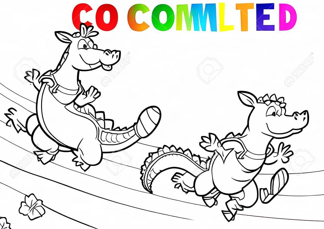 The illustration shows  crocodile and kangaroo who compete, who faster runs. Illustration done in black and white outline for coloring book, in cartoon style, on separate layers