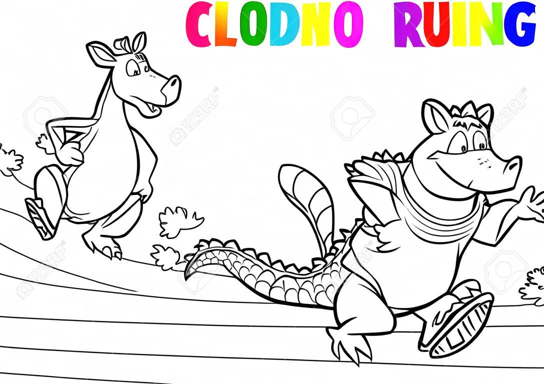 The illustration shows  crocodile and kangaroo who compete, who faster runs. Illustration done in black and white outline for coloring book, in cartoon style, on separate layers