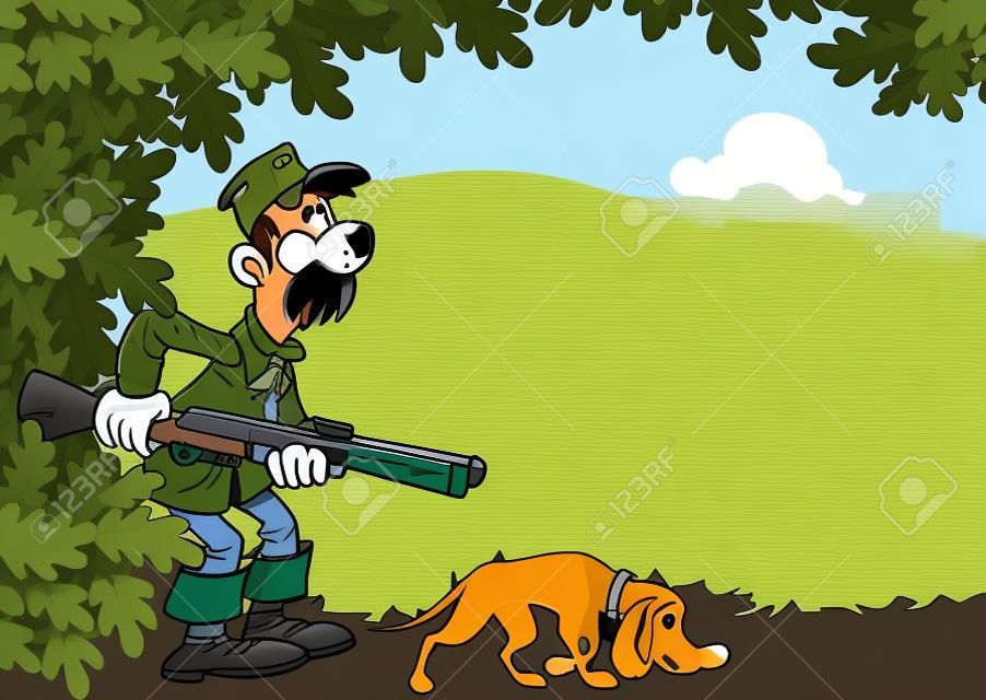 The illustration shows a male hunter with a shotgun and a dog on the background of foliage in a cartoon style, there is a place for text