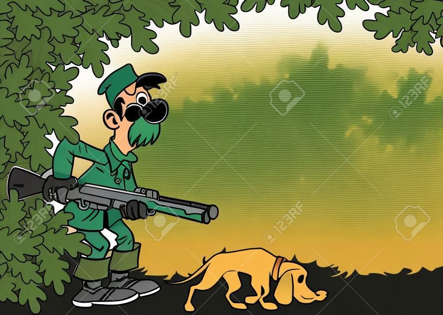 The illustration shows a male hunter with a shotgun and a dog on the background of foliage in a cartoon style, there is a place for text