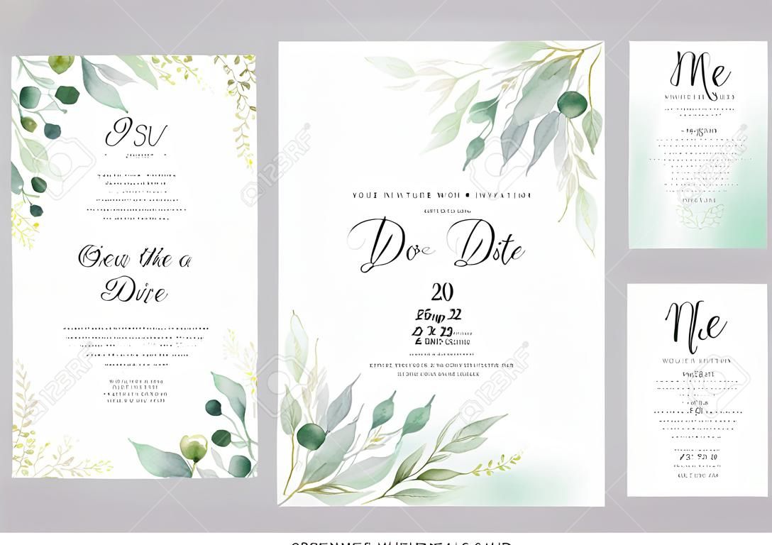 水彩の結婚式の招待カード。緑のポスター、招待。水彩画の緑と金の花の要素を持つエレガントな結婚式の招待状。