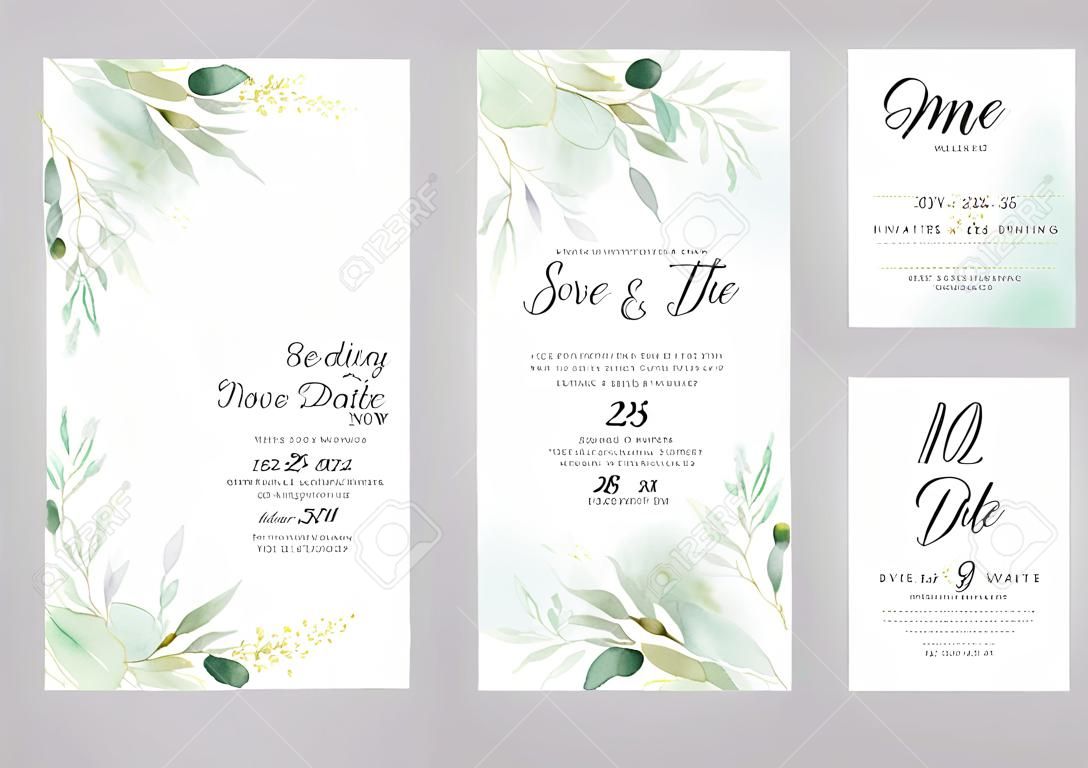水彩の結婚式の招待カード。緑のポスター、招待。水彩画の緑と金の花の要素を持つエレガントな結婚式の招待状。