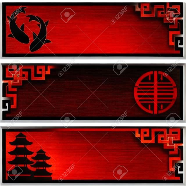 Set of 3 Asian black and red banners