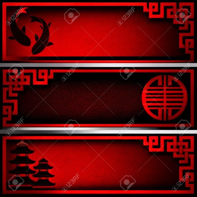 一套3个亚洲的黑色和红色横幅