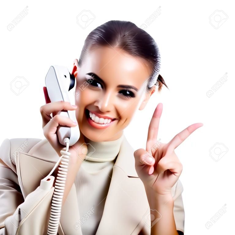 Femme d'affaires avec téléphone montrant thumbs up signe, isolé sur fond blanc