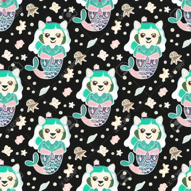 Seamless pattern with cat in a mermaid costume. With tail of a mermaid, crown, pearl, shell, coral, octopus and starfish. It can be used for packaging, wrapping paper, textile and etc. Excellent print for children's clothes, bed linens, etc.