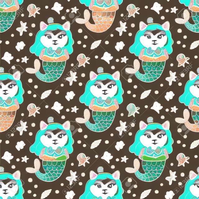 Seamless pattern with cat in a mermaid costume. With tail of a mermaid, crown, pearl, shell, coral, octopus and starfish. It can be used for packaging, wrapping paper, textile and etc. Excellent print for children's clothes, bed linens, etc.