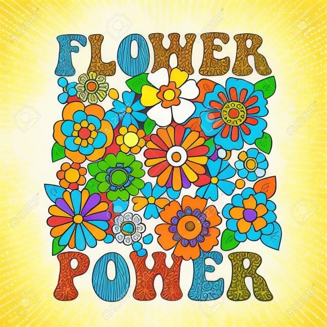 Setenta retro slogan Flower Power, com flores hippies - margaridas. Ilustração vetorial colorida em estilo vintage. Cartaz ou cartão nostálgico dos anos 60 dos anos 70, impressão de camiseta