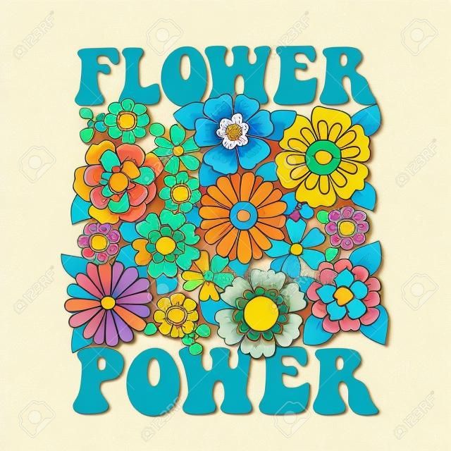 Siebziger-Retro-Slogan Flower Power, mit Hippie-Blumen - Gänseblümchen. Bunte Vektorillustration im Vintage-Stil. 70er 60er nostalgisches Poster oder Karte, T-Shirt-Druck