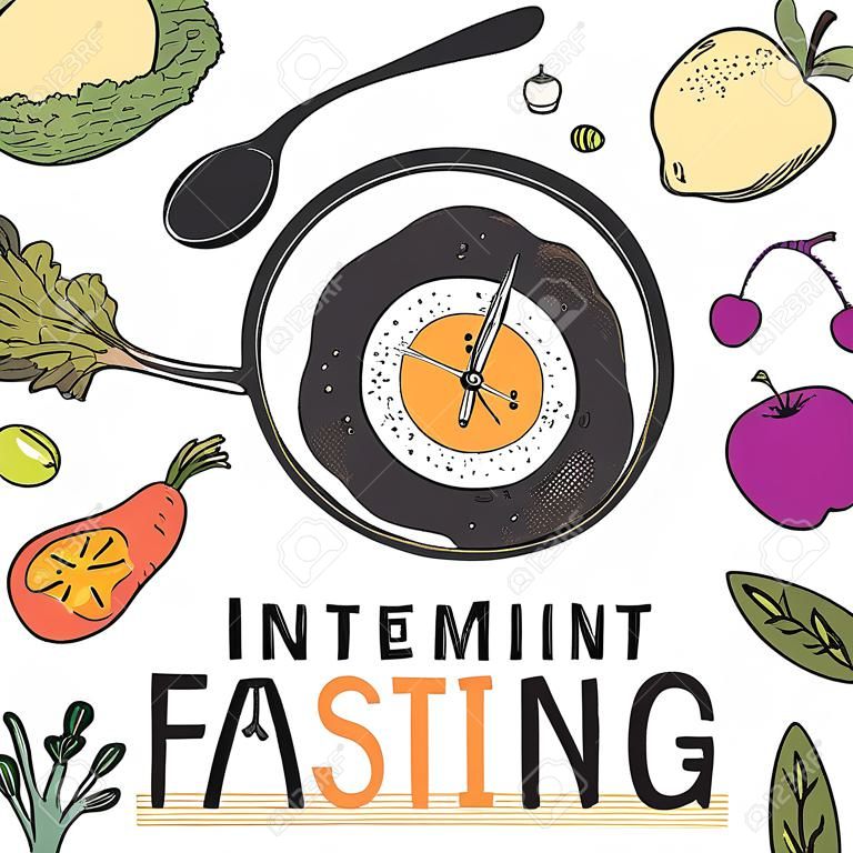 Intermittent fasting concept. Frying pan with egg clock showing healthy fast eating window surrounded with fruits and veggies. Health longevity, weight loss. Hand drawn vector illustration