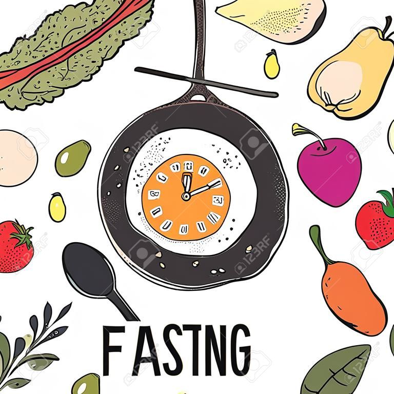 Intermittent fasting concept. Frying pan with egg clock showing healthy fast eating window surrounded with fruits and veggies. Health longevity, weight loss. Hand drawn vector illustration