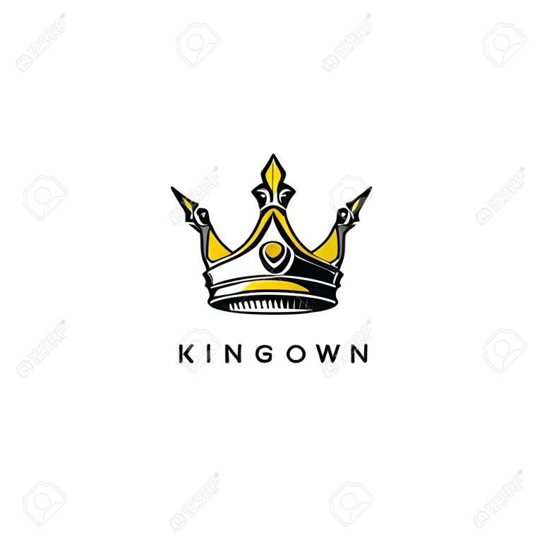 Logotipo de coroa rei de prata e ouro no fundo branco com design de ilustração vetorial de tipografia.