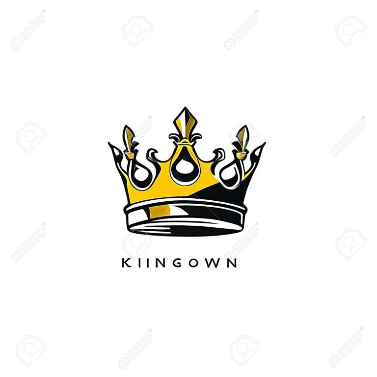 Ezüst és arany király korona logó fehér háttér tipográfia vektoros illusztráció tervezés.