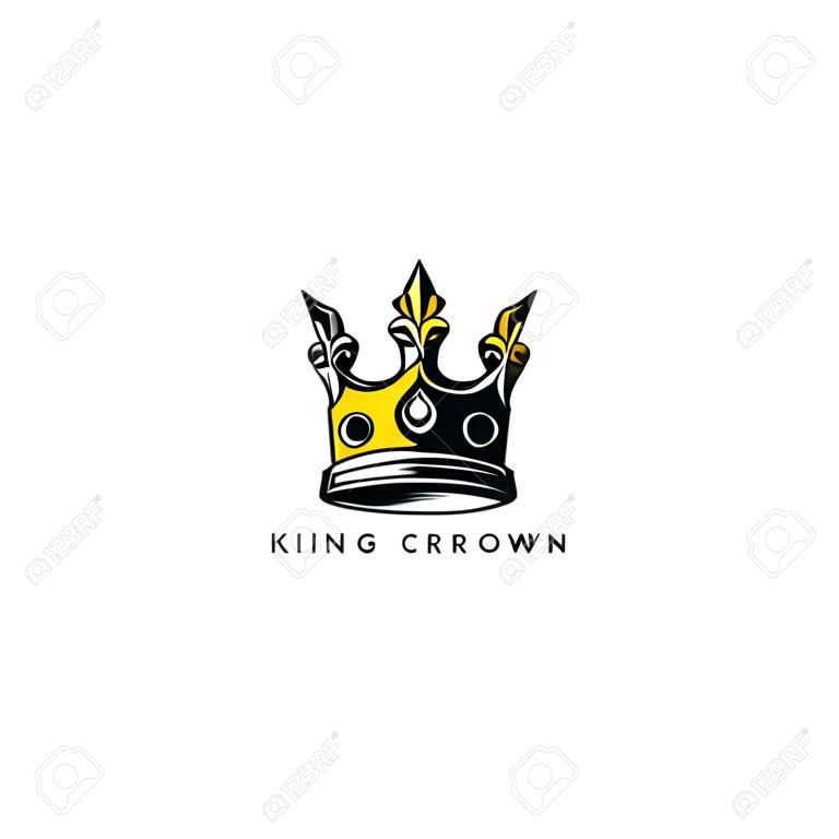 Серебряный и золотой логотип королевской короны на белом фоне с дизайном векторной иллюстрации типографии.
