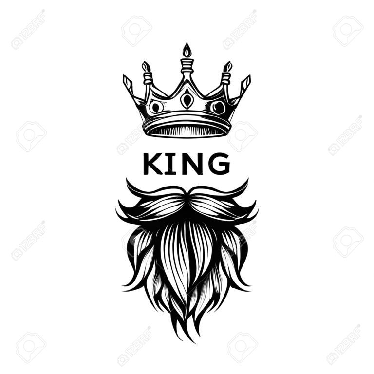 Roi couronne, moustache et barbe sur logo fond blanc avec design illustration typographie vectorielle.