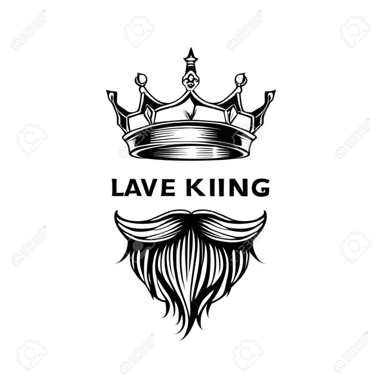 Kral taç, bıyık ve sakal tipografi vektör çizim tasarımı ile beyaz arka plan logosu.