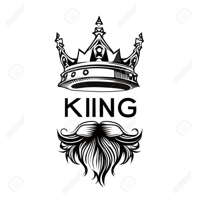 Coroa do rei, bigode e barba no logotipo de fundo branco com design de ilustração vetorial de tipografia.