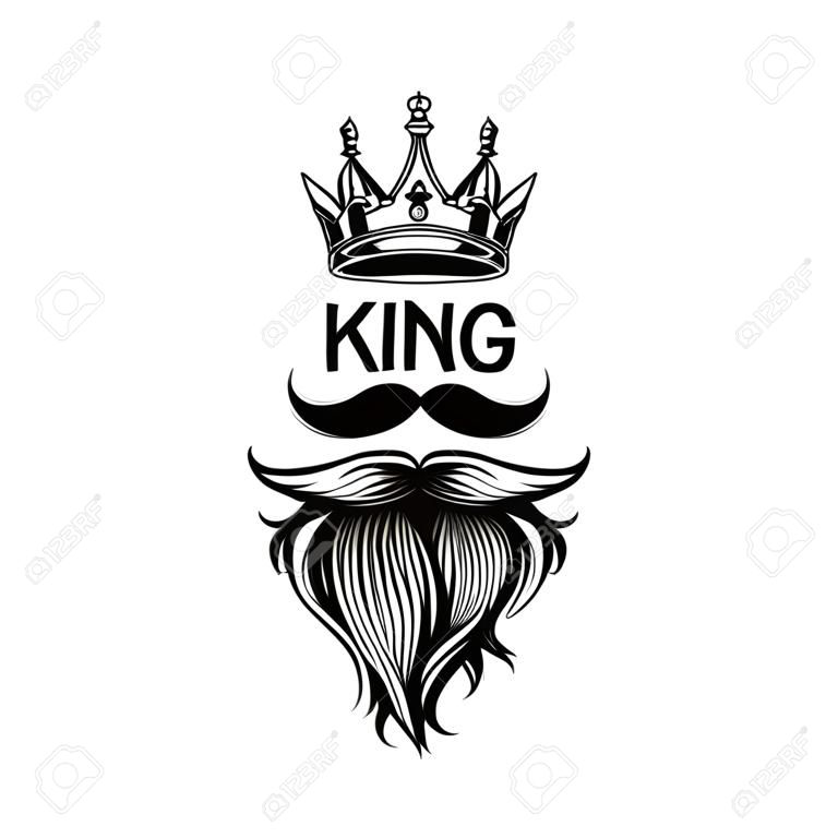 Corona, baffi e barba di re sul logo bianco del fondo con progettazione dell'illustrazione di vettore di tipografia.