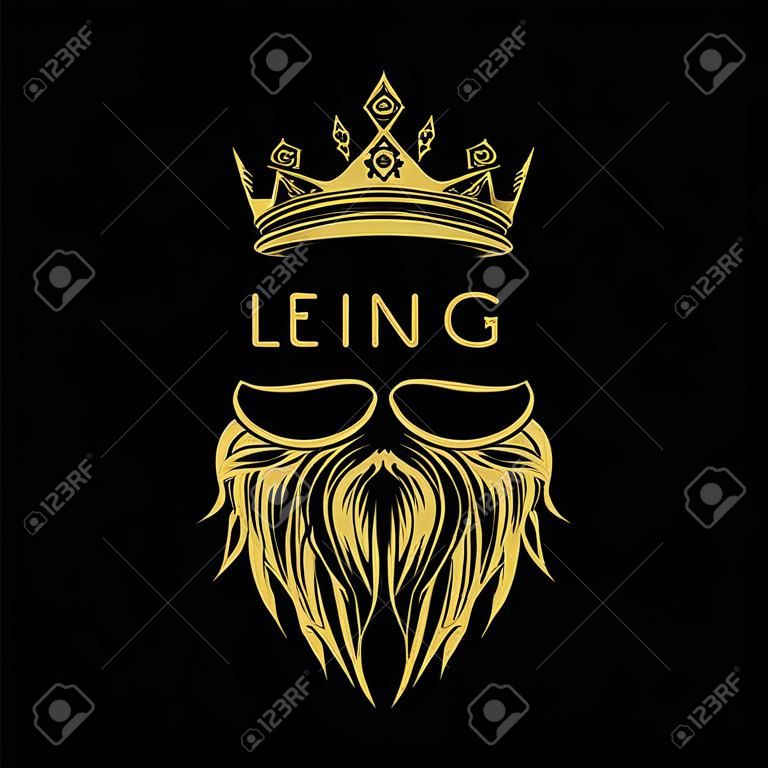 Złote logo ilustracji wektorowych korony, wąsy i brodę