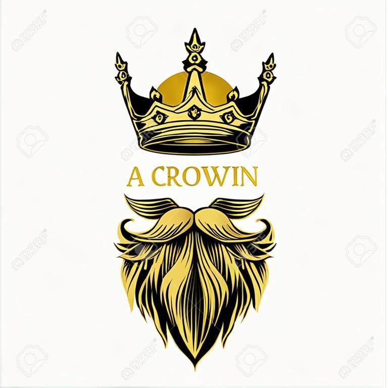 Ein goldenes Logo der Kronen-, Schnurrbart- und Bartvektorillustration