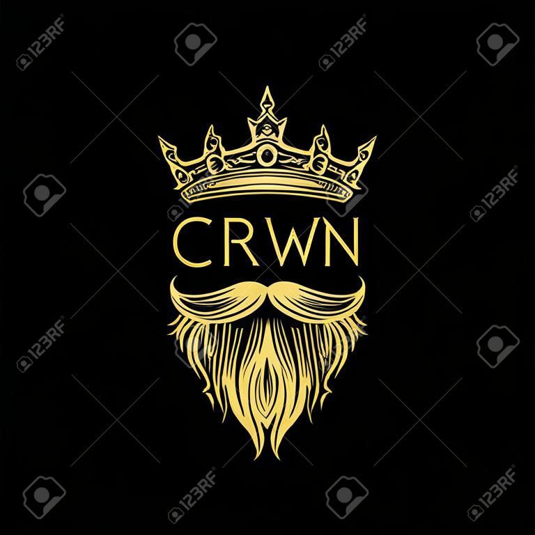Ein goldenes Logo der Kronen-, Schnurrbart- und Bartvektorillustration