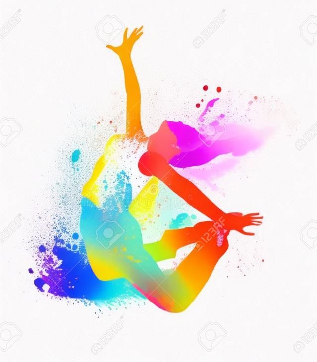 A menina dançando com pontos coloridos e respingos no fundo branco. Ilustração vetorial.