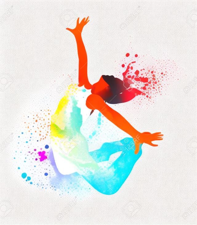 跳舞的女孩在白色背景上五顏六色的斑點和飛濺。向量插圖。