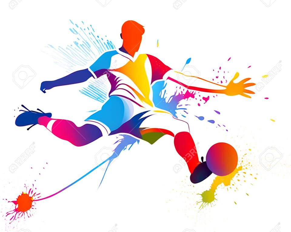 Calcio giocatore calcia il pallone. L'illustrazione vettoriale colorato con gocce e spray.