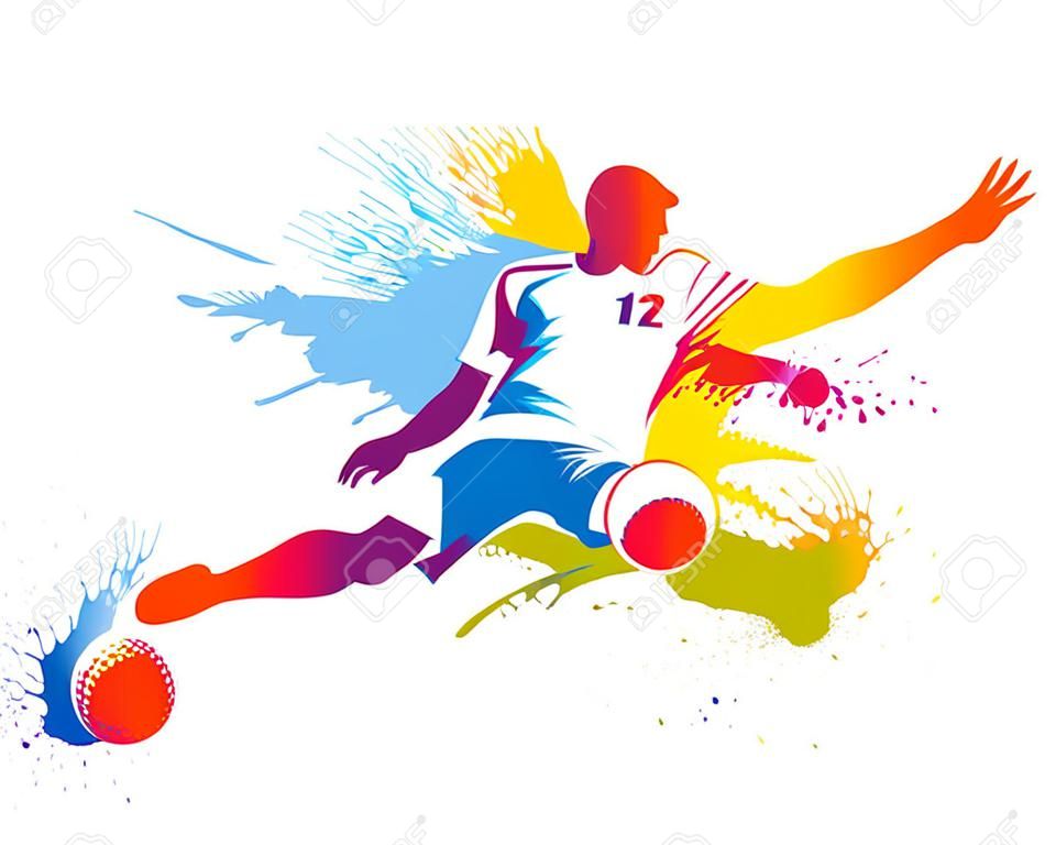Joueur de football botte le ballon. L'illustration vectorielle coloré avec des gouttes et des embruns.