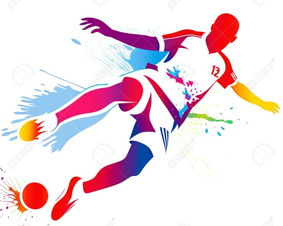 Jugador de fútbol patea la pelota. La ilustración vectorial colorido con gotas y aerosol.