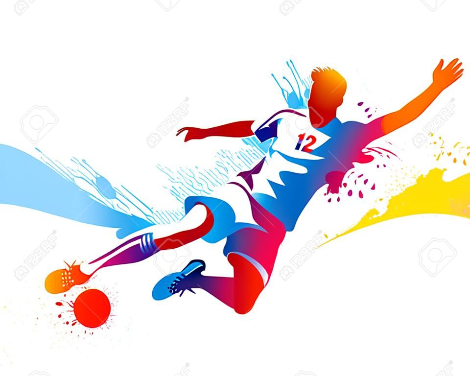 Jugador de fútbol patea la pelota. La ilustración vectorial colorido con gotas y aerosol.
